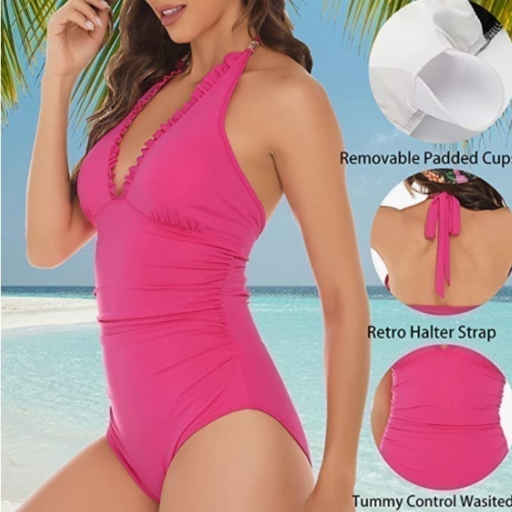 We 1 Fit One-piece Black Ruffle V-neck Halter Swimsuit Size Large
